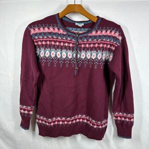 Sundance Womens Fair Isle Knit Wool Blend Nordic Pattern Maroon Henley Sweater M